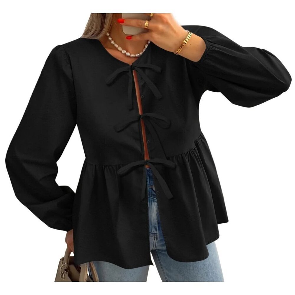 NWT Zesica Black Tie Front Long Puff Sleeve Peplum Babydoll Blouse - Medium